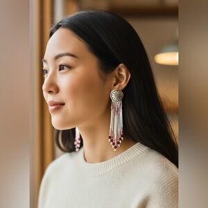 Authentic Navajo Sterling Silver Beaded Concho Fringe Earrings